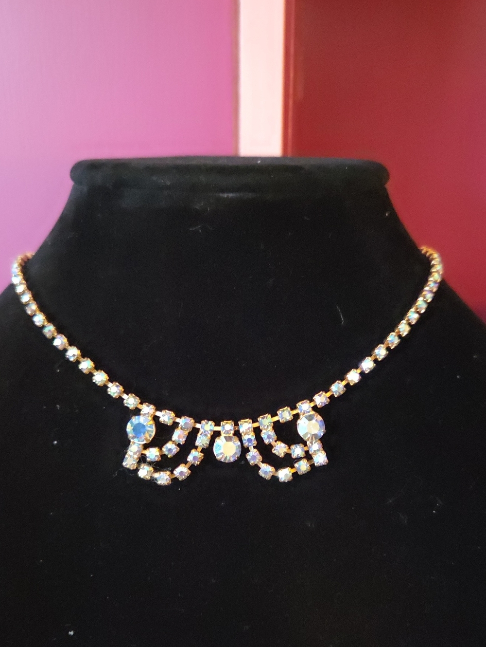Vintage Aurora Borealis Rhinestones Gold-Tone Choker Necklace